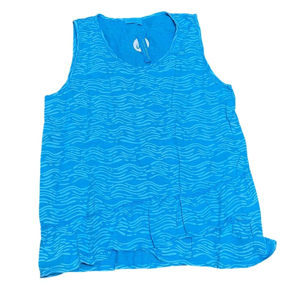 Fresh Produce‎ Women's XL Blue Wave Print Ruffle Hem Cotton Tank Top 22809 NWT